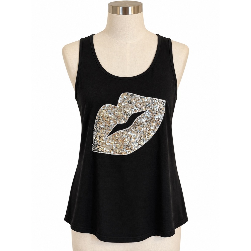 Pesion Womens XL Black Sequin Lips Racerback Tank Top Silver Graphic